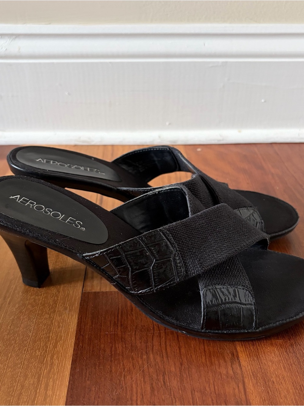 AEROSOLES Black Crossover Mid-Heel Mules